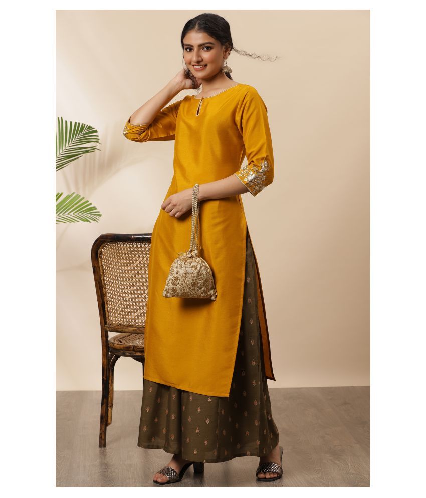     			Janasya - Yellow Silk Women's Straight Kurti