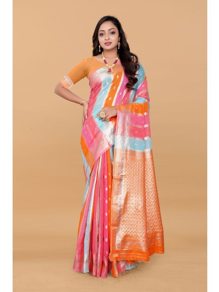     			NENCY FASHION Cotton Silk Striped Saree With Blouse Piece - Multicolor,Orange ( Pack of 1 )