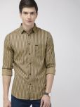 The Indian Garage Co Men Khaki & Navy Blue Slim Fit Striped Casual Shirt