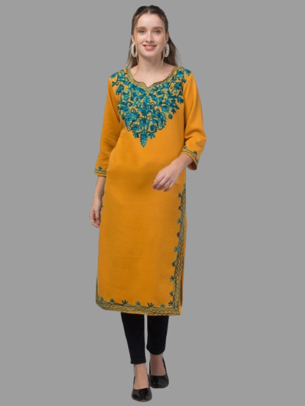     			Aadrika Pack of 1 Woollen Embroidered Straight Women's Kurti - ( Yellow )