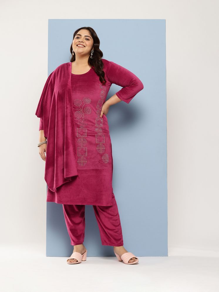     			Aarika Velvet Embellished Kurti With Pants Women's Stitched Salwar Suit - Pink ( Pack of 1 )