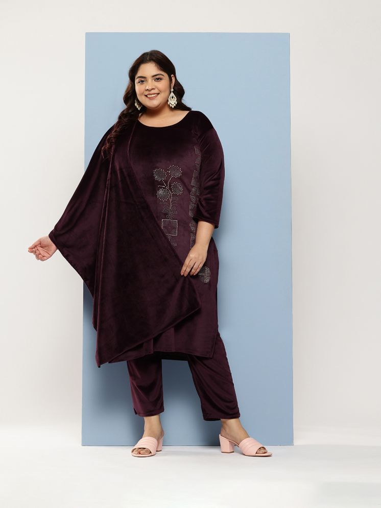     			Aarika Velvet Embellished Kurti With Pants Women's Stitched Salwar Suit - Wine ( Pack of 1 )