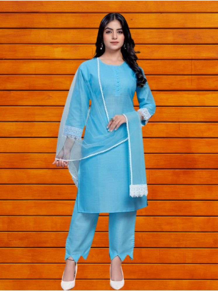     			bipinenterprise Cotton Self Design Kurti With Pants Women's Stitched Salwar Suit - Turquoise ( Pack of 1 )