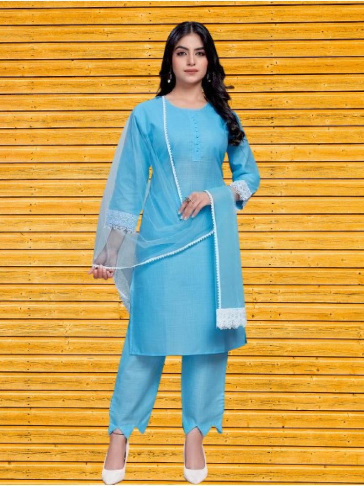     			bipinenterprise Cotton Self Design Kurti With Pants Women's Stitched Salwar Suit - Turquoise ( Pack of 1 )