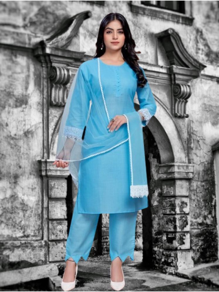     			bipinenterprise Pack of 1 Cotton Blend Solid Straight Women's Kurti with Dupatta - ( Turquoise )