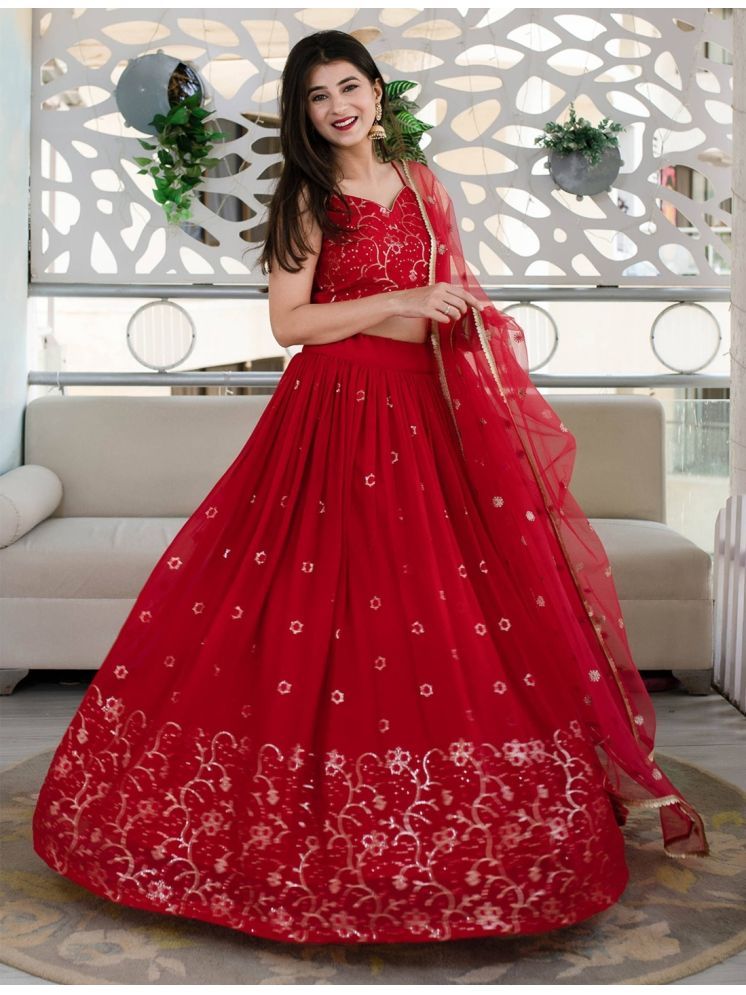     			kedar fab Red Georgette Circular Semi Stitched Lehenga Single