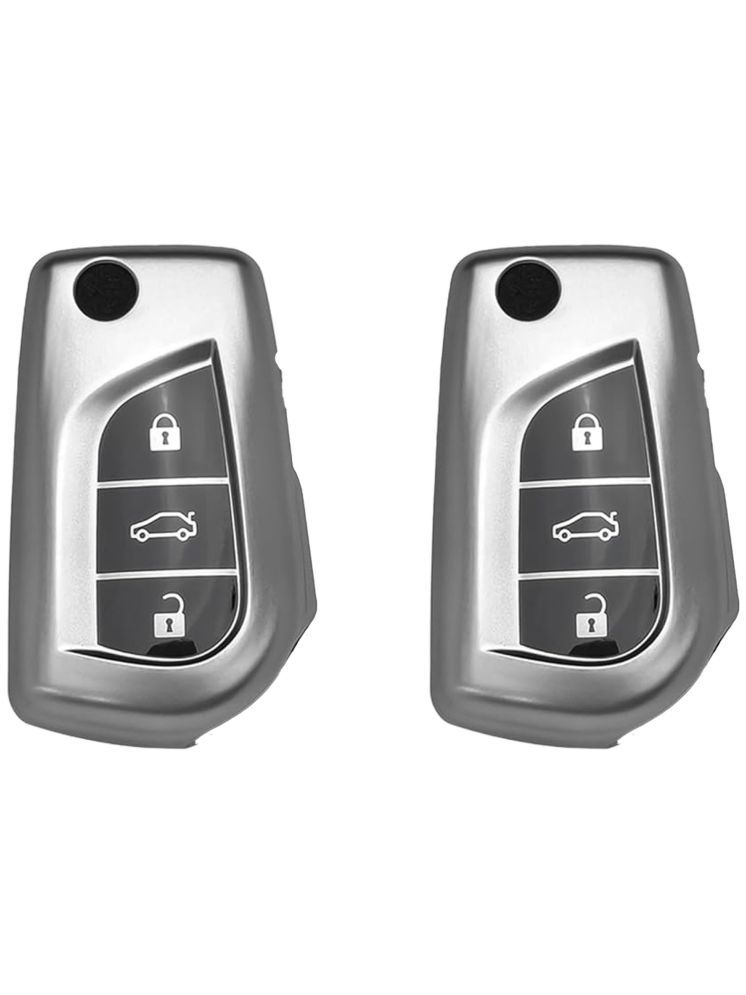     			SIAGO TPU Key Cover and Metal Keychain Compatible for Toyota Corolla | Altis | Innova Crysta 3 Button Car Smart Key (Grey Pack of 2)