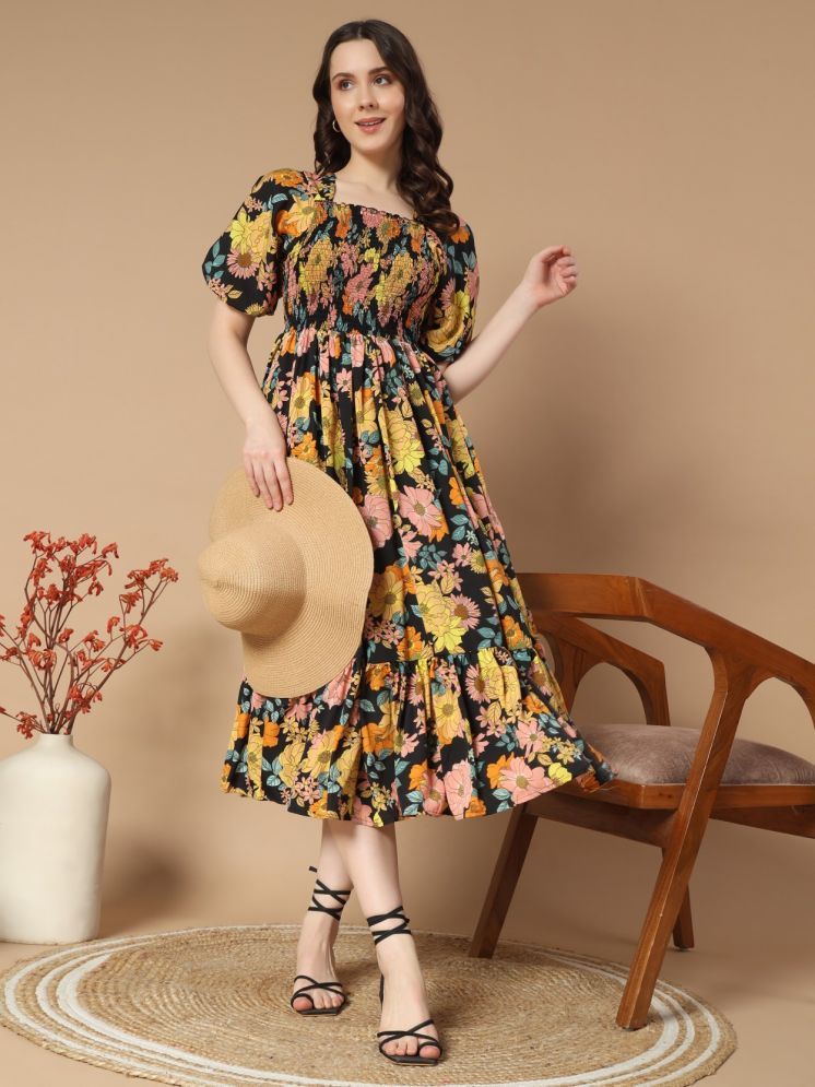     			RAIYANI FASHION Polyester Printed Midi Women's Fit & Flare Dress - Yellow ( Pack of 1 )