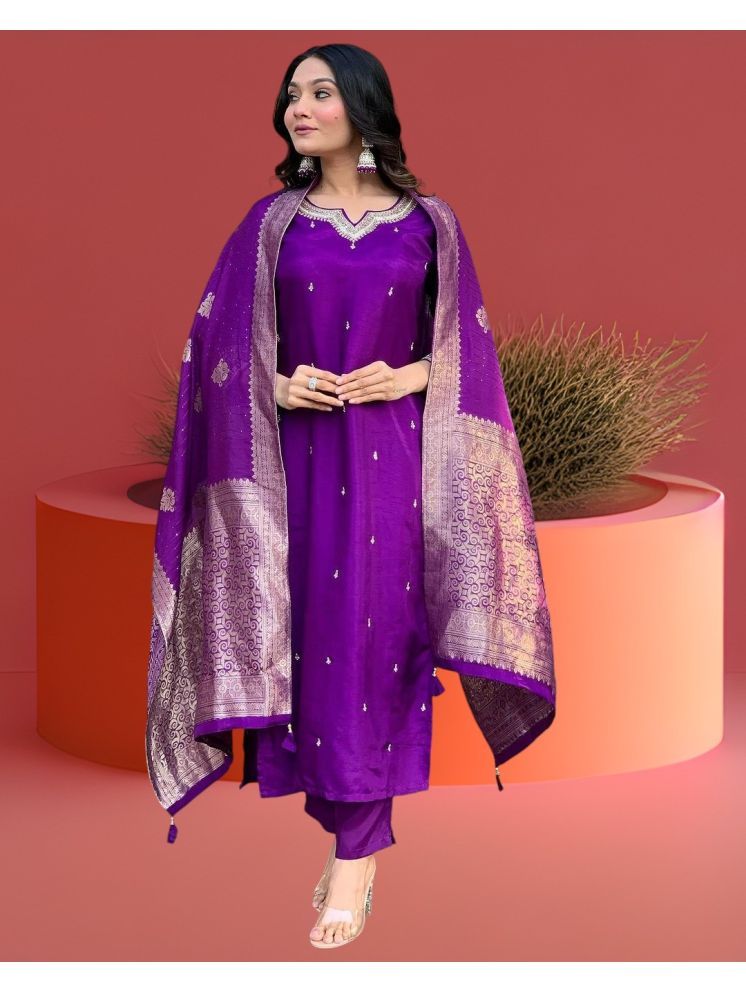     			Any Fab Silk Blend Embroidered Kurti With Pants Women's Stitched Salwar Suit - Purple ( Pack of 1 )