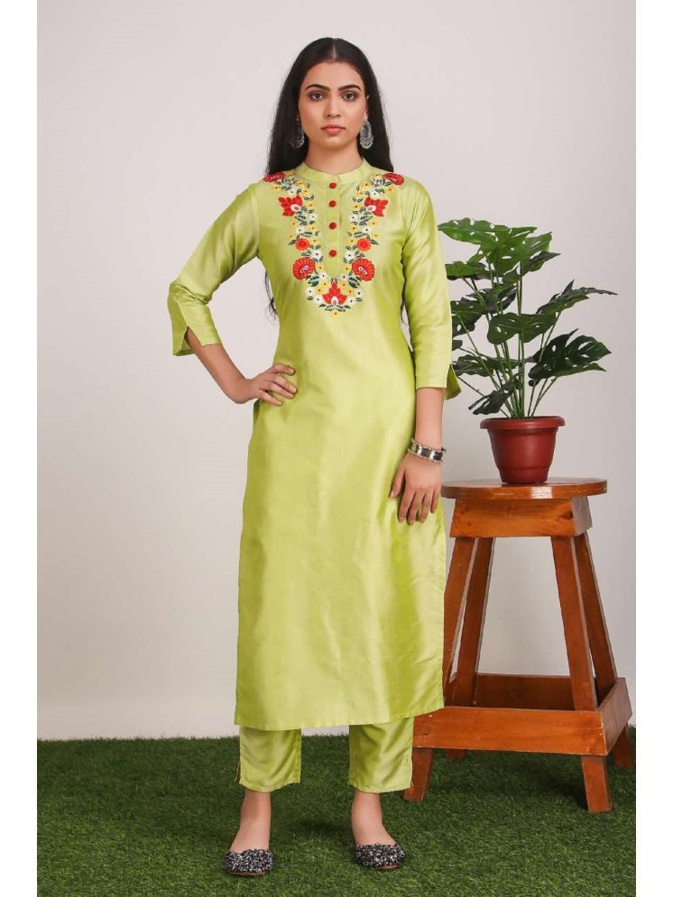     			Any Fab Silk Blend Embroidered Kurti With Pants Women's Stitched Salwar Suit - Green ( Pack of 1 )