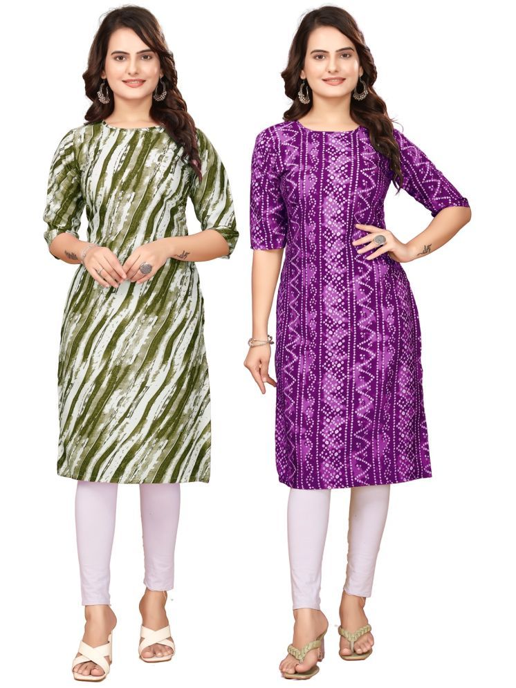     			Fashion Fair Crepe Printed Straight Women's Kurti - Green,Purple ( Pack of 2 )