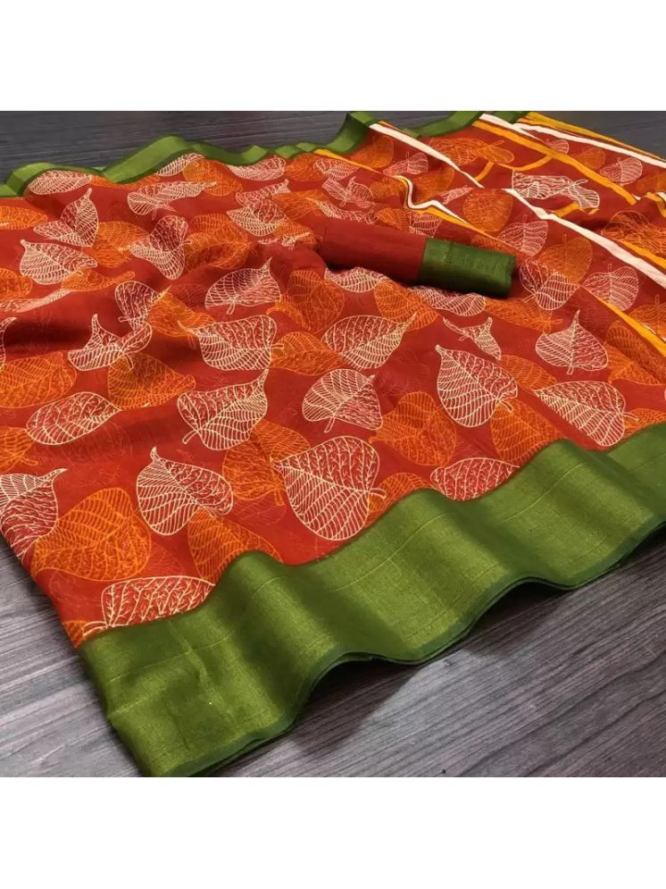     			INDIAN SILKS Cotton Silk Printed Saree Without Blouse Piece - Orange ( Pack of 1 )