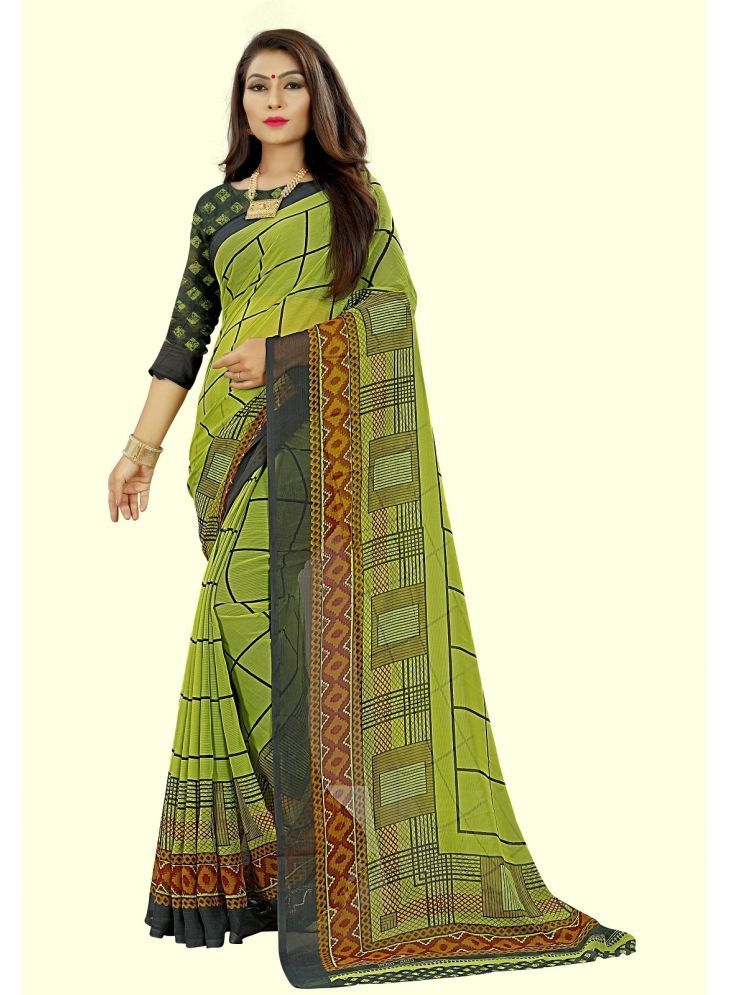     			INDIAN SILKS Georgette Printed Saree Without Blouse Piece - Light Green ( Pack of 1 )