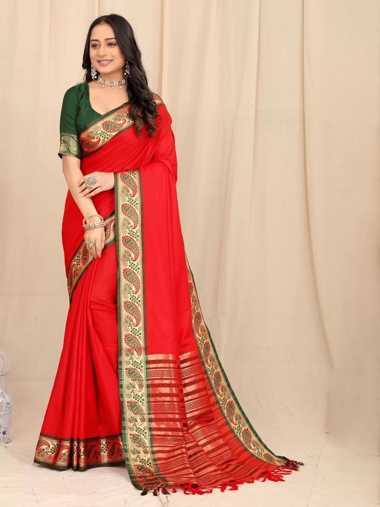     			Lady Shopi Silk Embellished Saree With Blouse Piece - Red ( Pack of 1 )