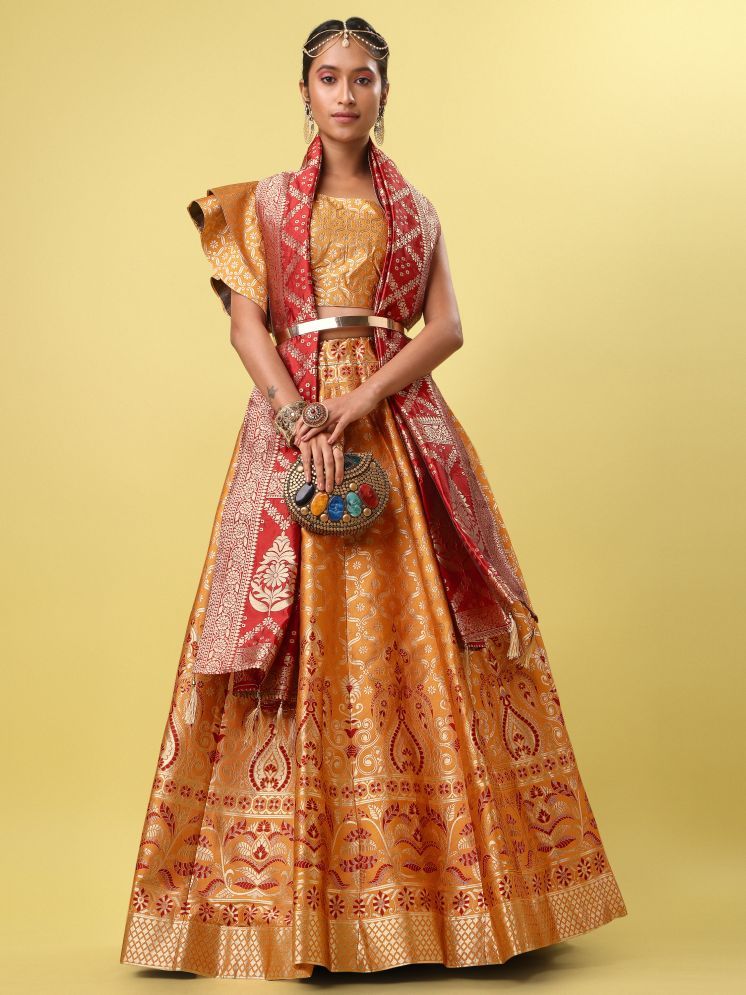     			PURVAJA Yellow Jacquard Chaniya Choli Semi Stitched Lehenga Single