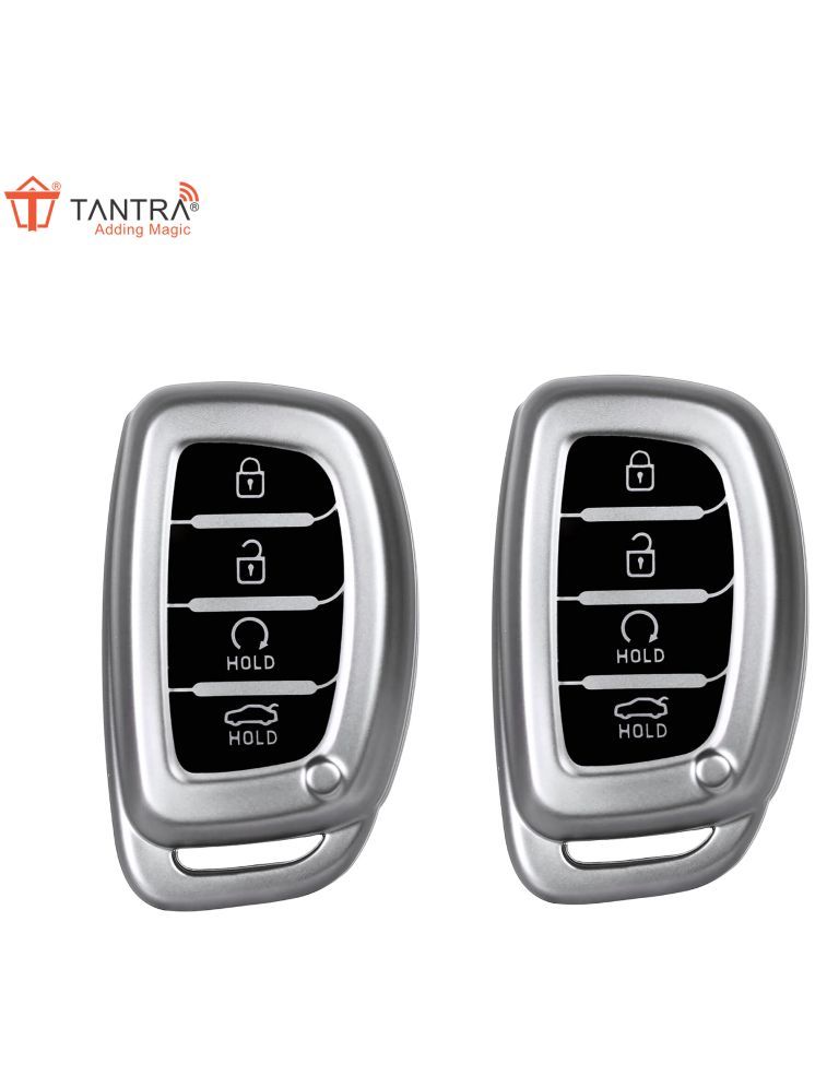     			TANTRA TPU Key Cover and Metal Keychain Compatible for Hyundai Alcazar and Creta 2021 2022 & 2023 Car 4 Button Smart Key (Grey Pack of 2)