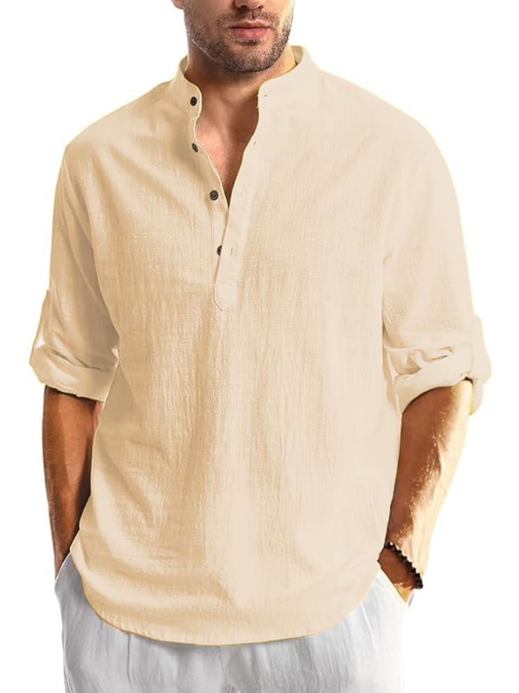     			UNI VIBE Beige Cotton Men's Shirt Style Kurta ( Pack of 1 )