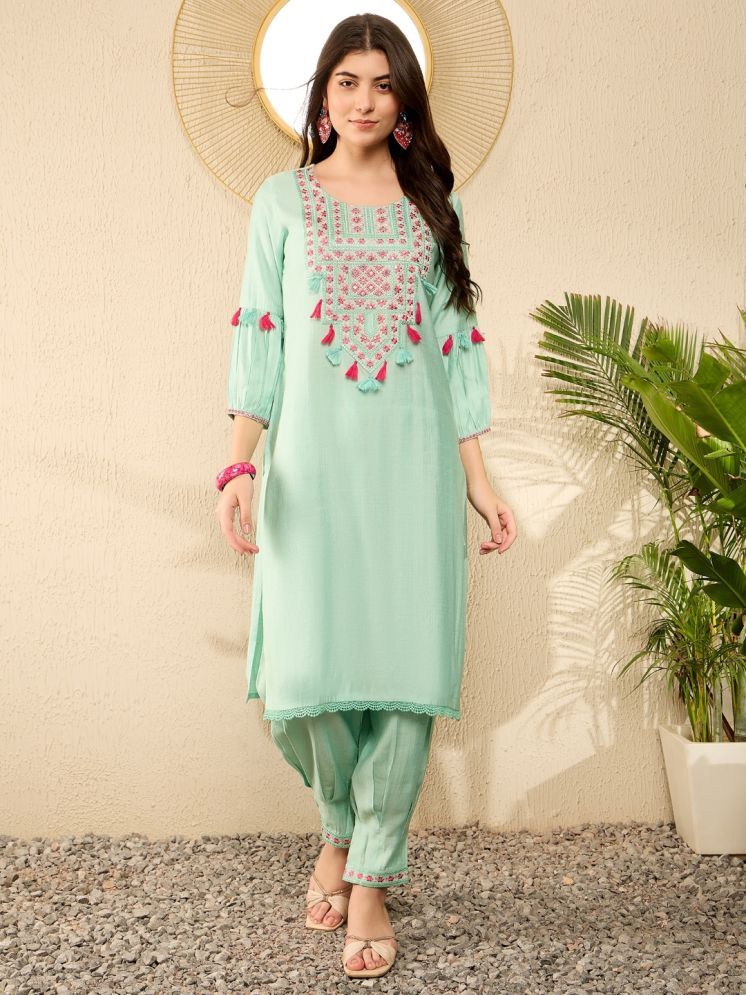     			Vaamsi Viscose Embroidered Kurti With Salwar Women's Stitched Salwar Suit - Sea Green ( Pack of 1 )