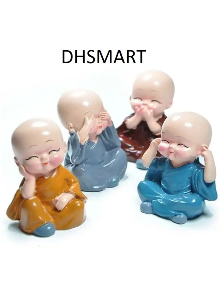     			DHS Mart Buddha Monk Good Luck Wood Polish Block Decorative Statue Showpiece for Home and Vehicle 4 no.s Pack of 4