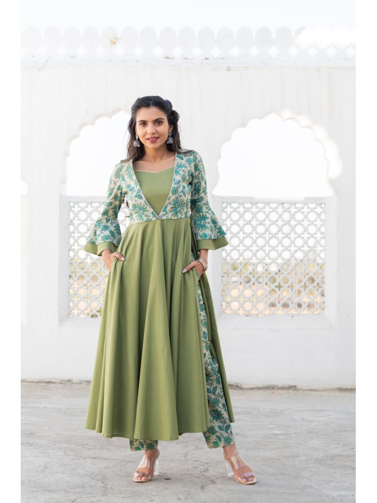     			Kohsh Cotton Printed Kurti With Pants Women's Stitched Salwar Suit - Green ( Pack of 1 )