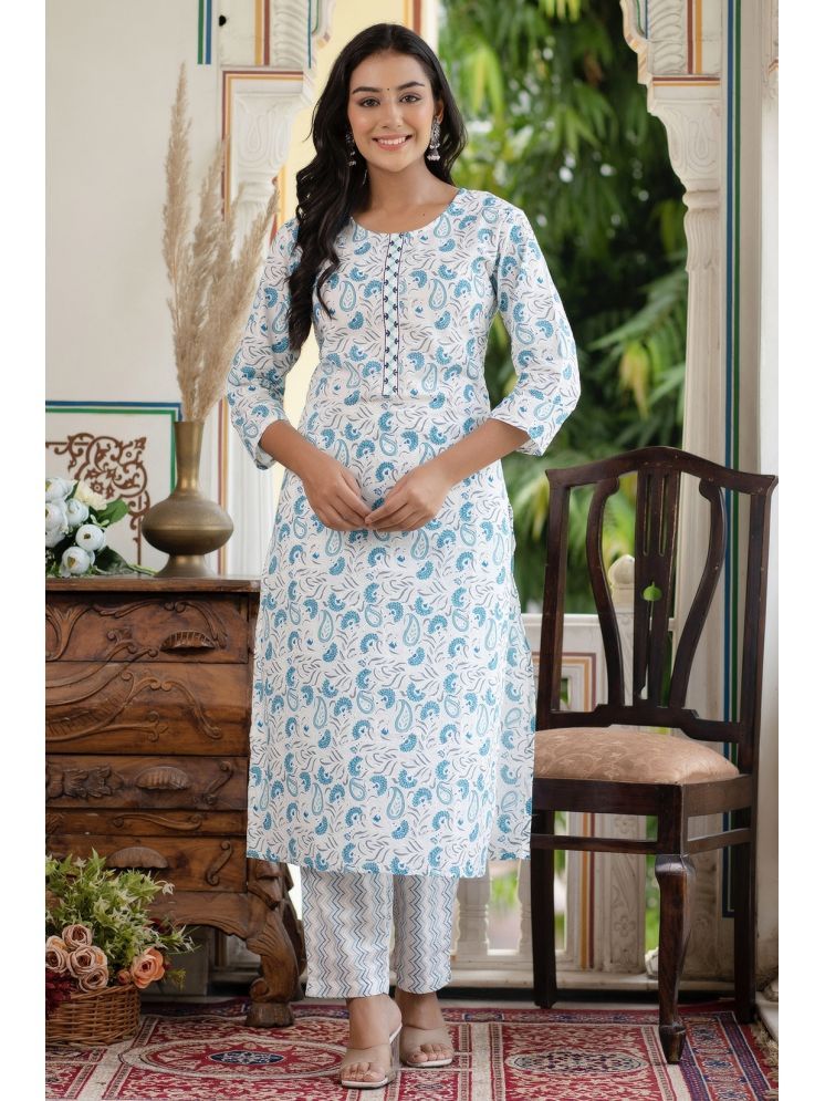     			Kohsh Cotton Printed Kurti With Pants Women's Stitched Salwar Suit - Blue ( Pack of 1 )