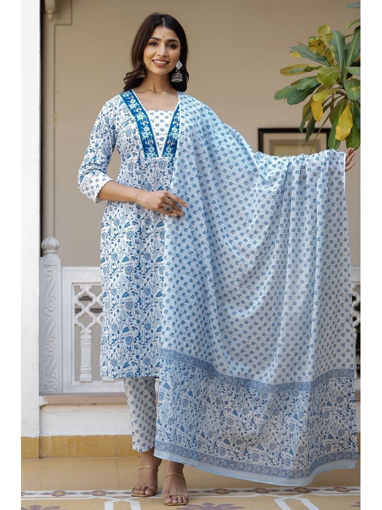     			Kohsh Cotton Printed Kurti With Pants Women's Stitched Salwar Suit - Blue ( Pack of 1 )