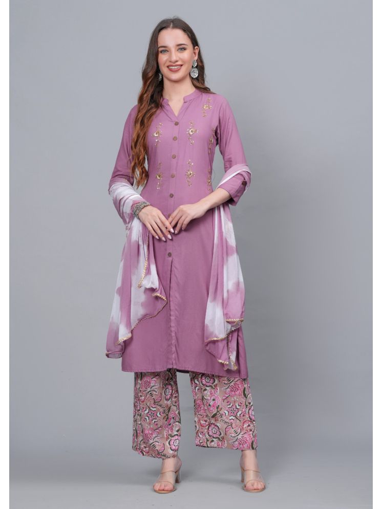     			MAUKA Rayon Embellished Kurti With Palazzo Women's Stitched Salwar Suit - Purple ( Pack of 1 )