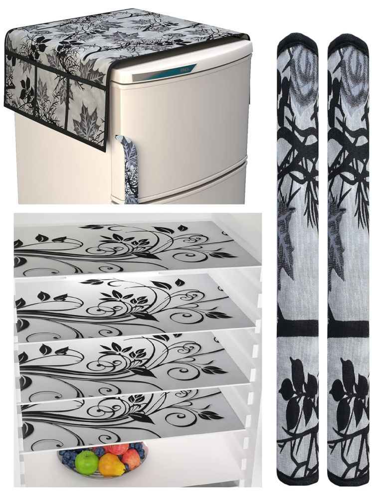     			SWIZIER Polyester Floral Printed Fridge Mat & Cover ( 99 55 ) Pack of 7 - Black