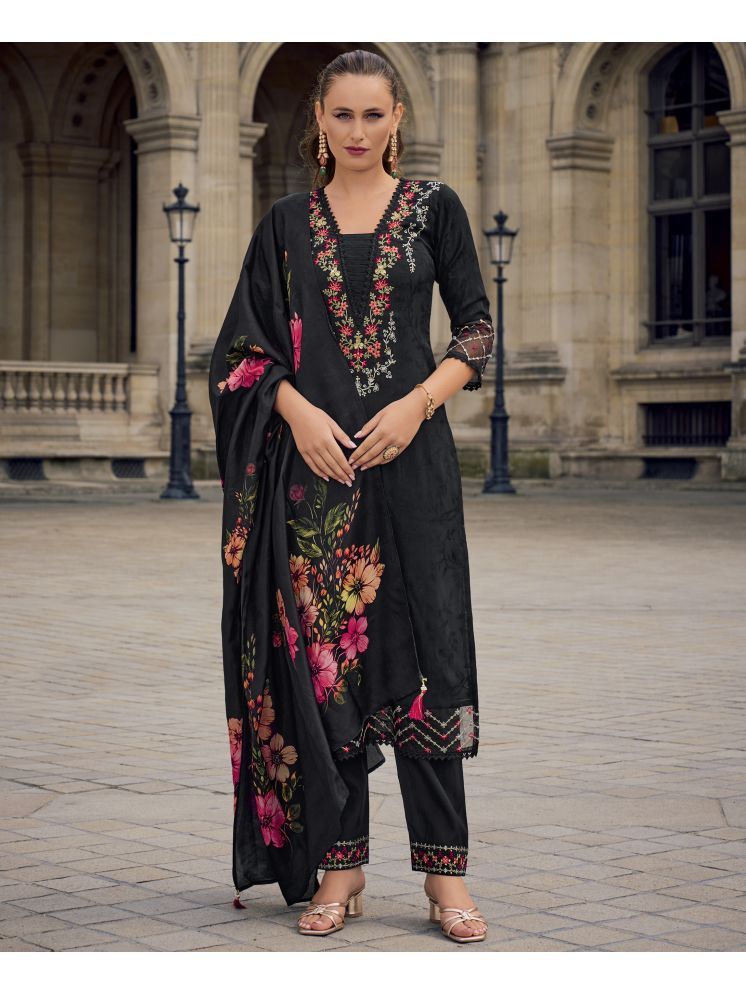     			MOJILAA Viscose Embroidered Kurti With Pants Women's Stitched Salwar Suit - Black ( Pack of 1 )