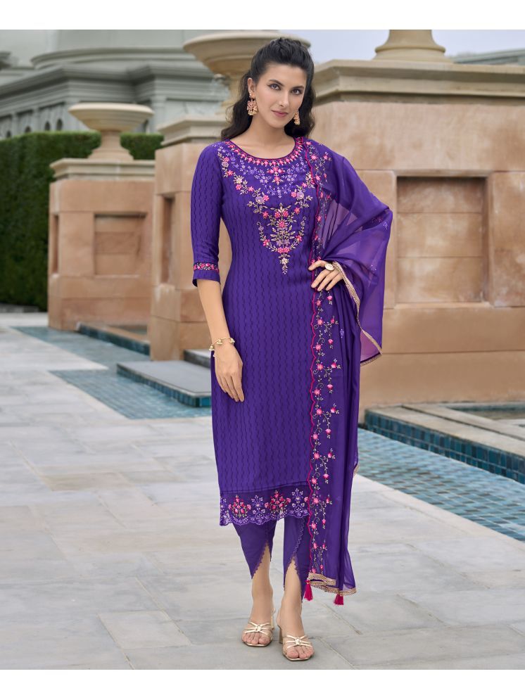     			MOJILAA Viscose Embroidered Kurti With Dhoti Pants Women's Stitched Salwar Suit - Purple ( Pack of 1 )