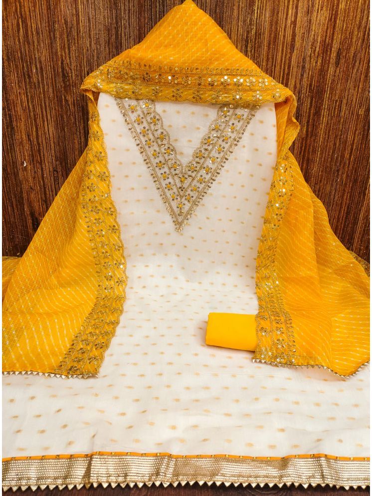     			ALSHOP Unstitched Chanderi Embellished Dress Material - White,Yellow ( Pack of 1 )