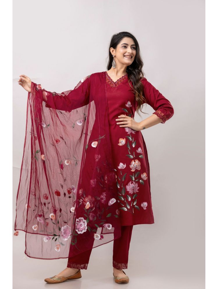     			Frionkandy Rayon Printed Kurti With Pants Women's Stitched Salwar Suit - Maroon ( Pack of 1 )