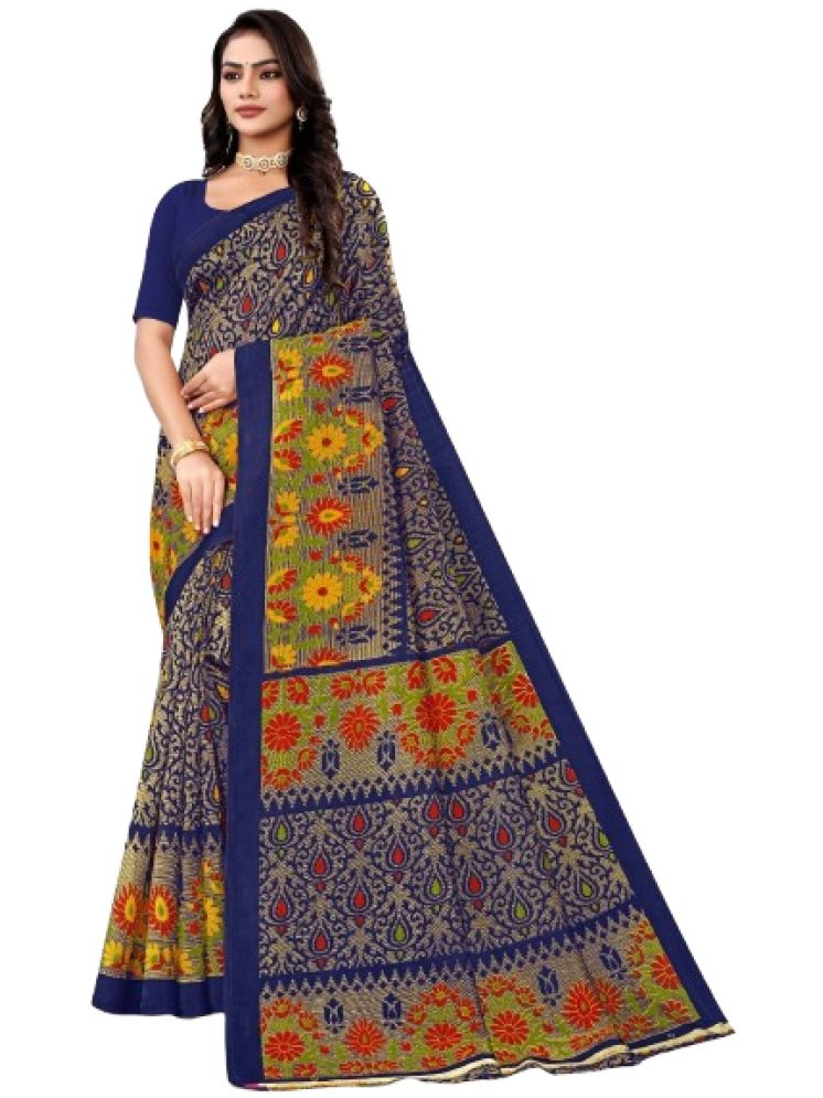     			INDIAN SILKS Art Silk Printed Saree Without Blouse Piece - Blue ( Pack of 1 )