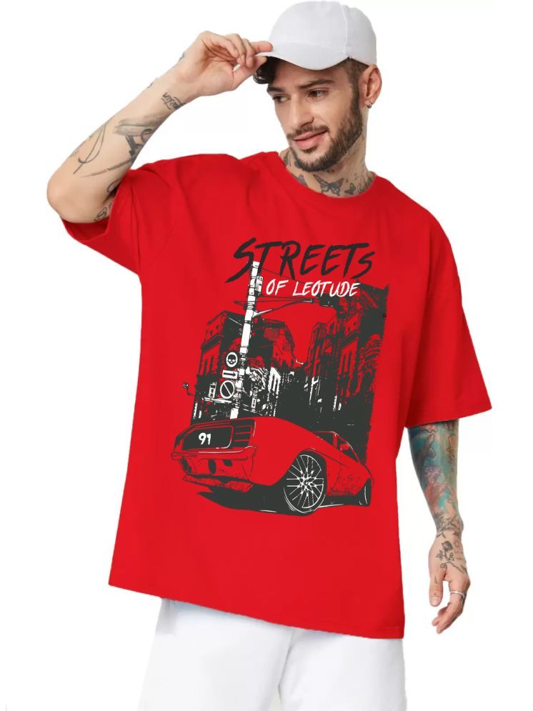     			Leotude Cotton Blend Oversized Fit Printed Half Sleeves Men's Round T-Shirt - Red ( Pack of 1 )