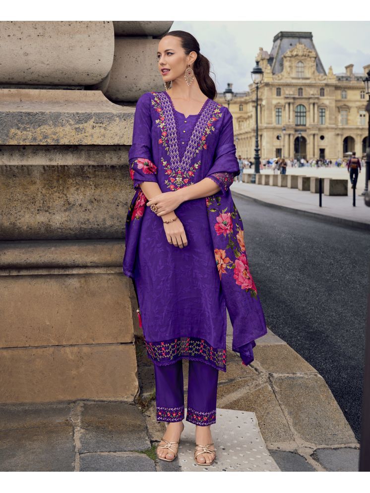     			MOJILAA Viscose Embroidered Kurti With Pants Women's Stitched Salwar Suit - Purple ( Pack of 1 )