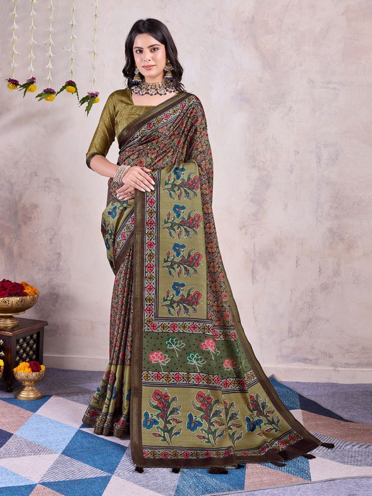     			Rekha Maniyar Silk Blend Printed Saree With Blouse Piece - Brown ( Pack of 1 )