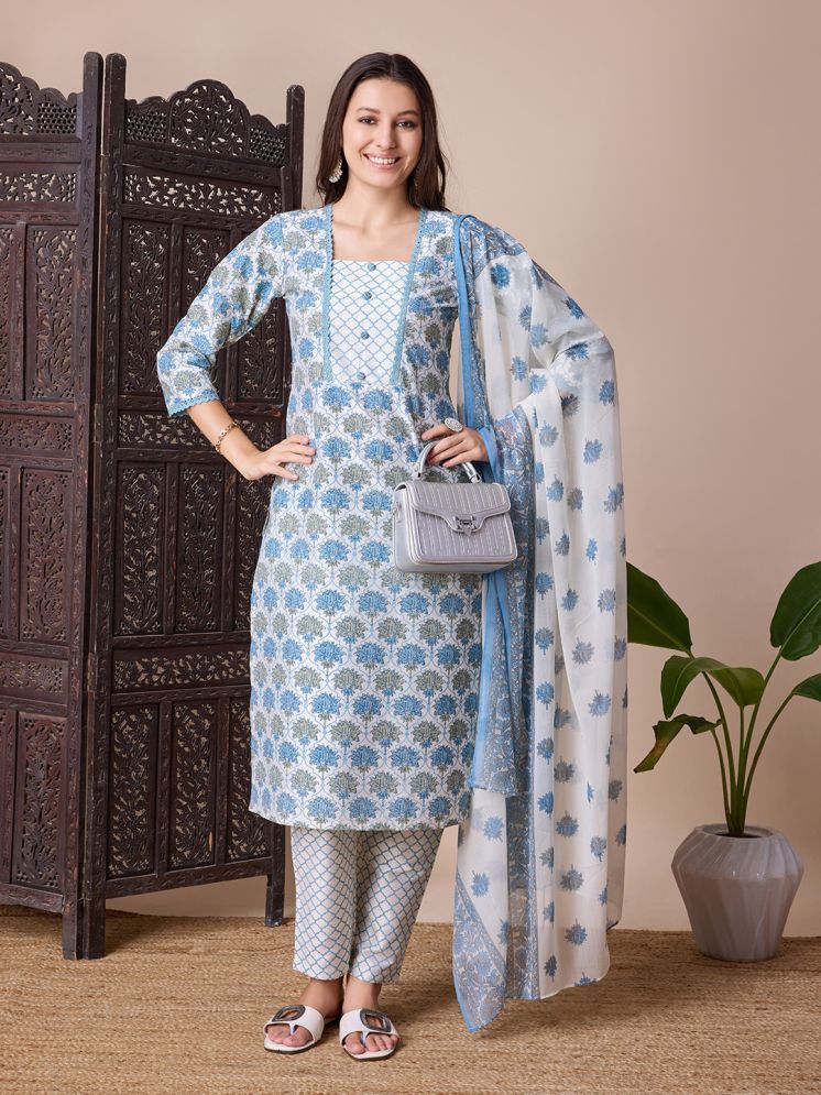     			SUAAC Silk Blend Printed Kurti With Pants Women's Stitched Salwar Suit - Blue ( Pack of 1 )