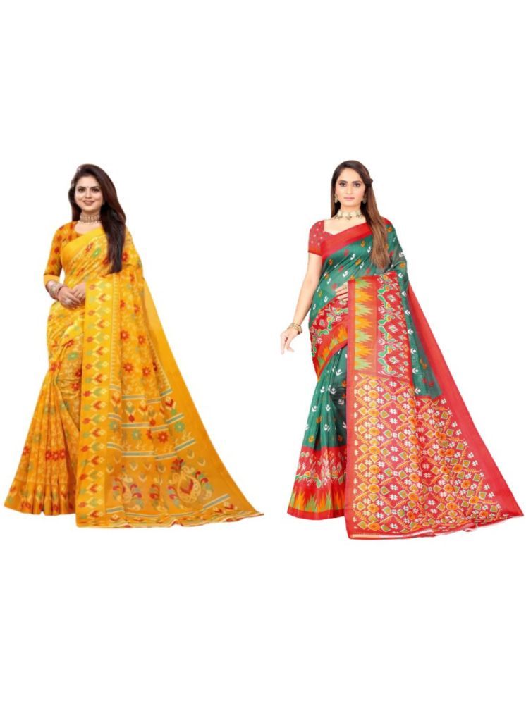     			Vkaran Art Silk Printed Saree With Blouse Piece - Yellow ( Pack of 2 )