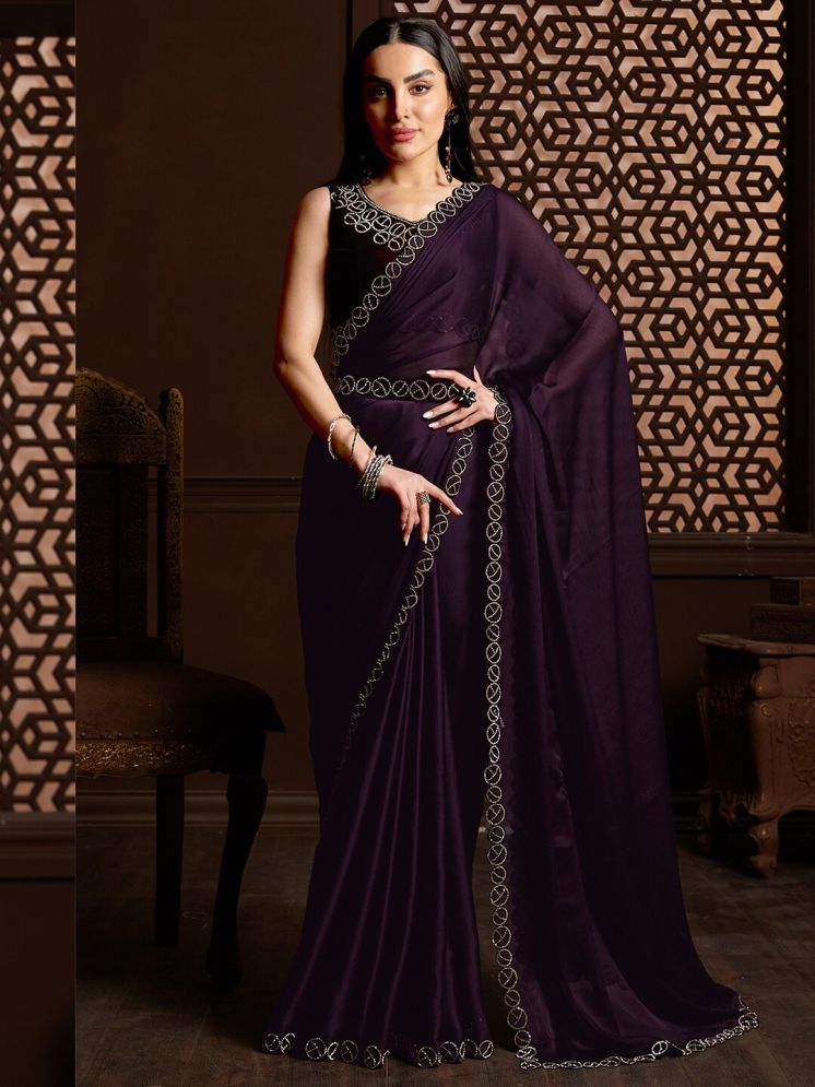     			Gazal Fashions Satin Embellished Saree With Blouse Piece - Purple ( Pack of 1 )