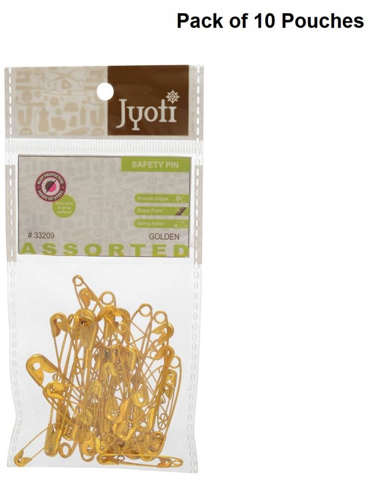     			Jyoti 33209 Safety Pins - Prime, Strong Nickel Plated Steel, Rust Resistant, Heavy Duty Variety Pack, Perfect for Clothes, Crafts, Sewing, (50 Assorted Pins Golden Finish in a Pouch) - Pack of 10 Pouches