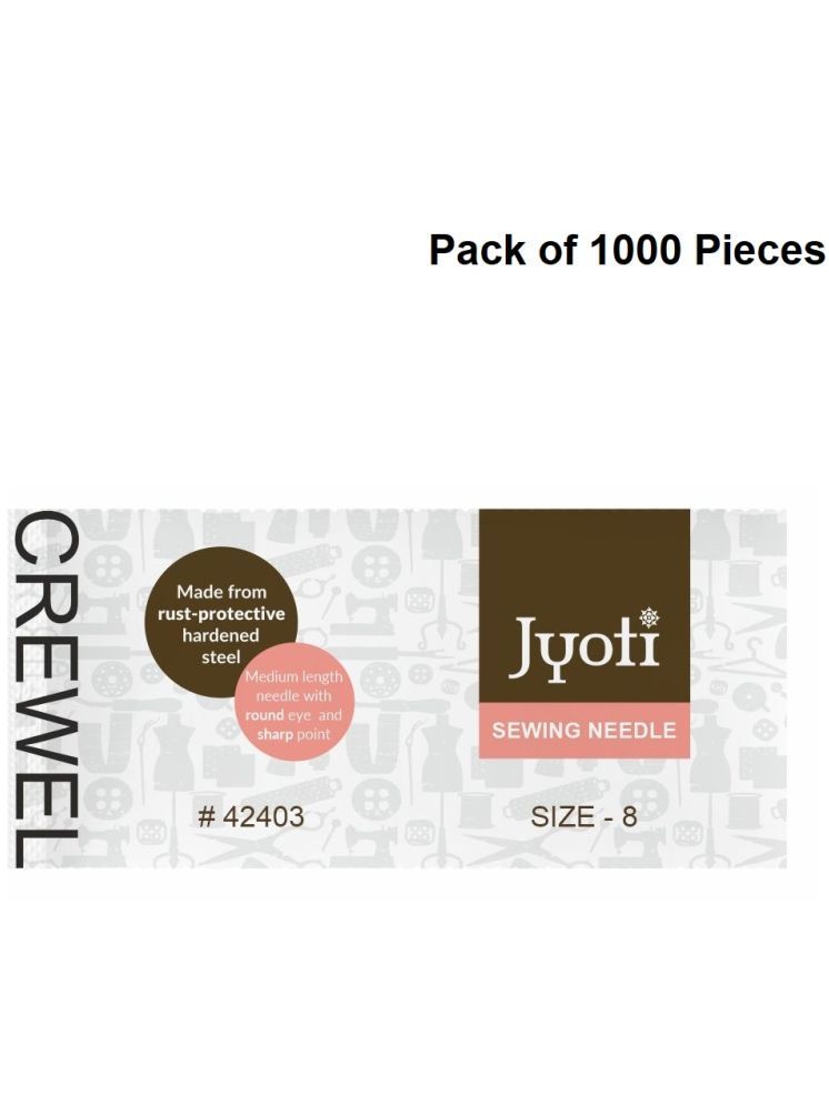     			Jyoti Crewel Hand Sewing Needles, Medium-Length with Sharp Point and an Elongated Eye, Rust-Protective, Cloth Stitching Thread Steel, Used for Hand Embroidery Using Floss # 42403 (Size - 8) - 1000 Pcs