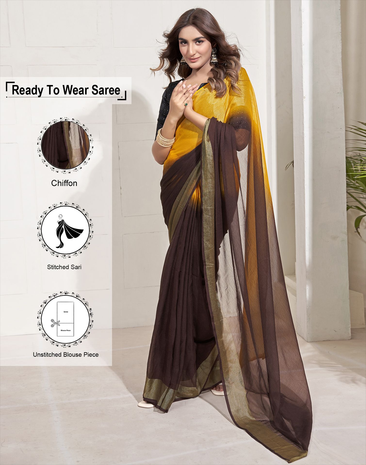     			Samah Chiffon Solid Saree With Blouse Piece - Brown ( Pack of 1 )