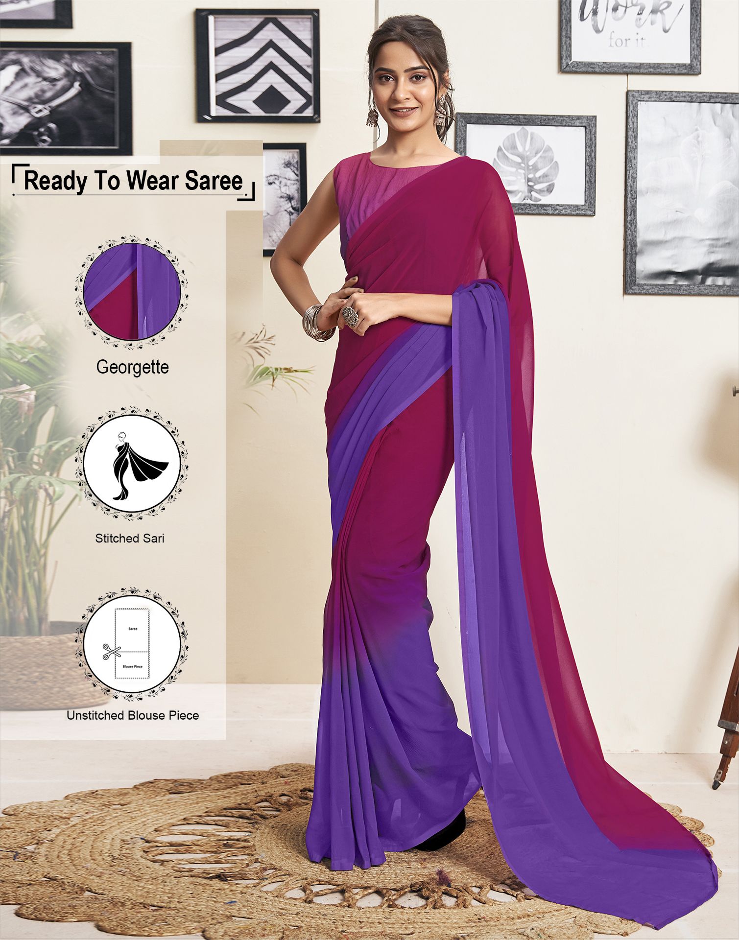     			Samah Georgette Dyed Saree With Blouse Piece - Purple ( Pack of 1 )