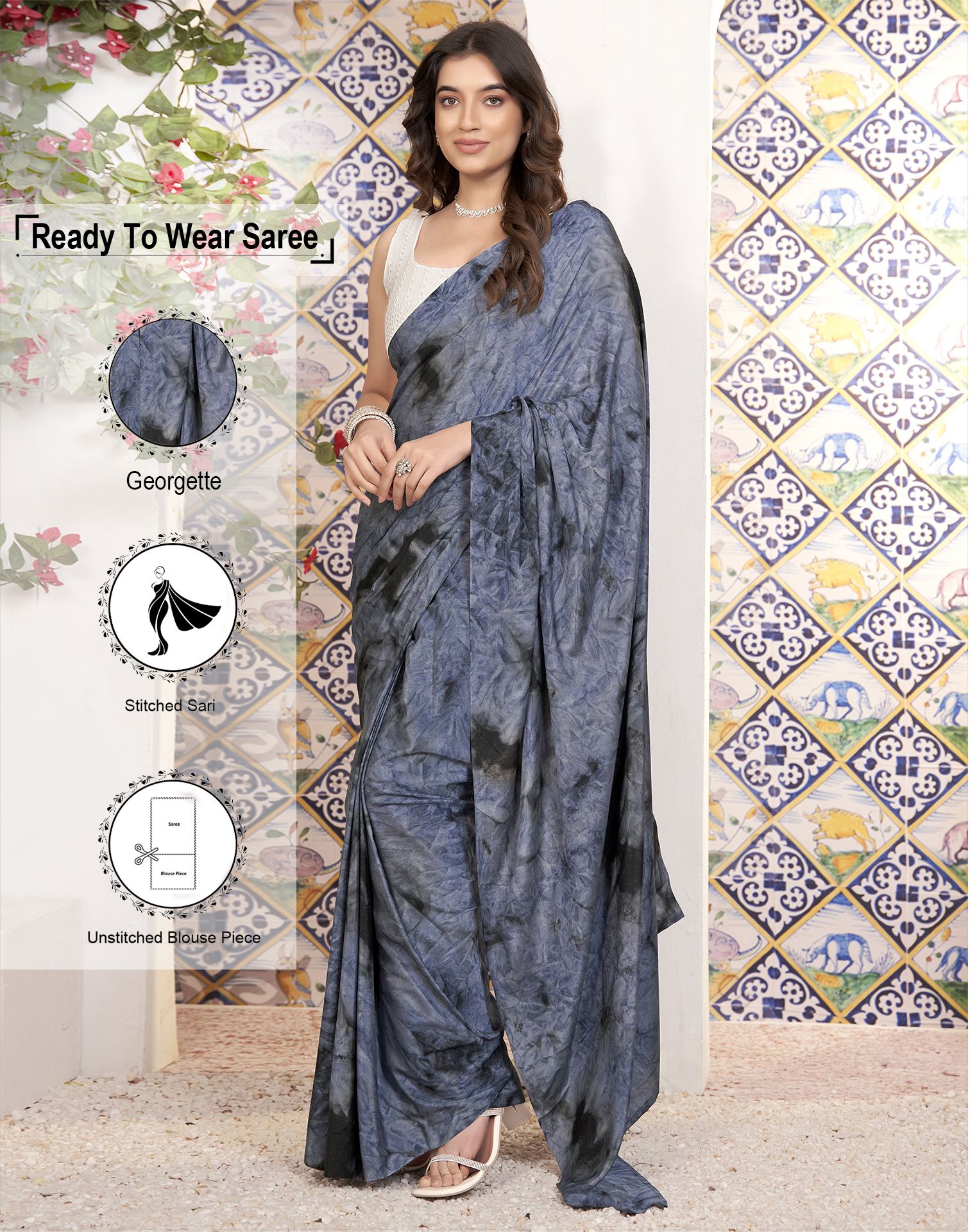     			Samah Georgette Printed Saree With Blouse Piece - Grey ( Pack of 1 )