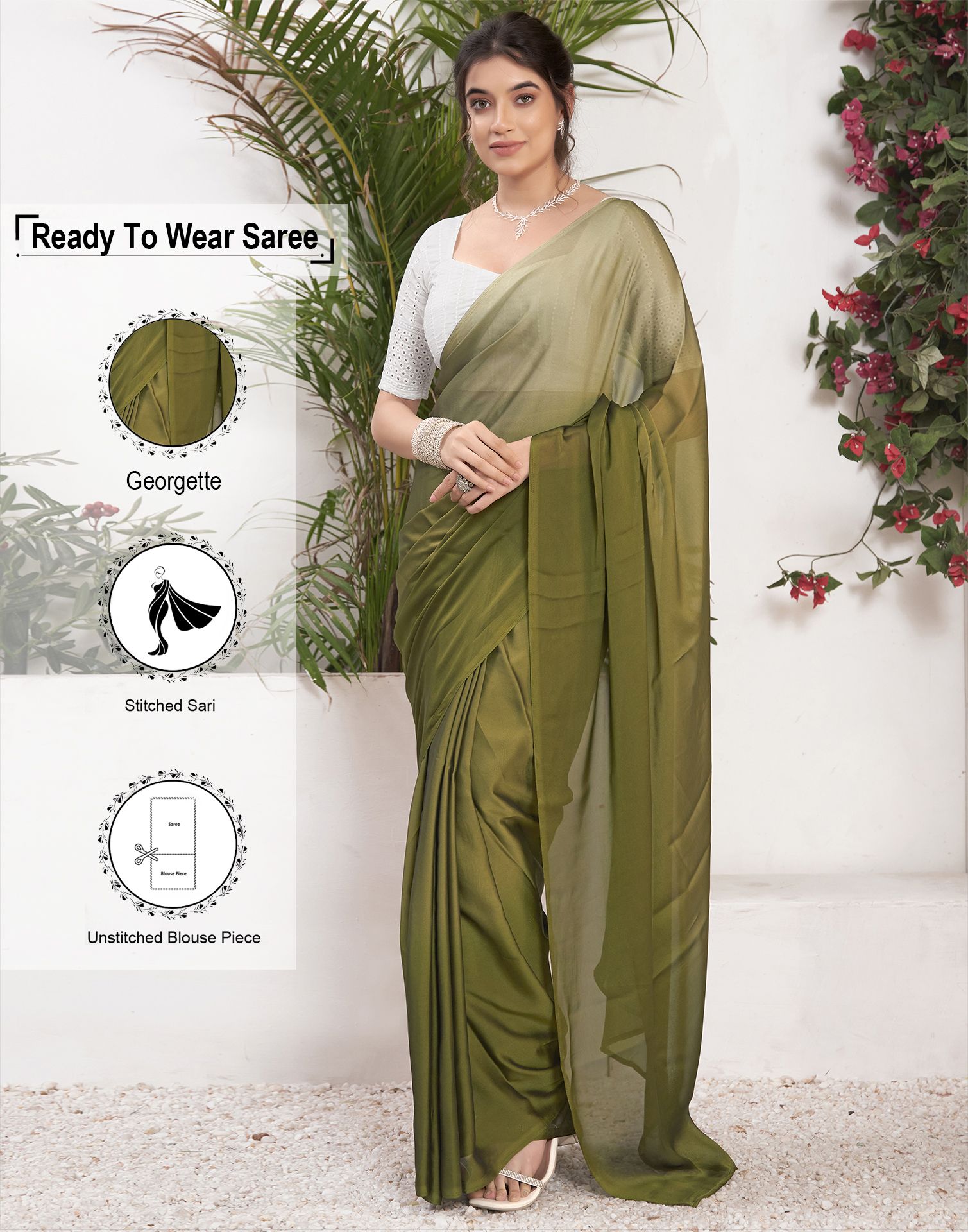     			Samah Georgette Solid Saree With Blouse Piece - Olive ( Pack of 1 )