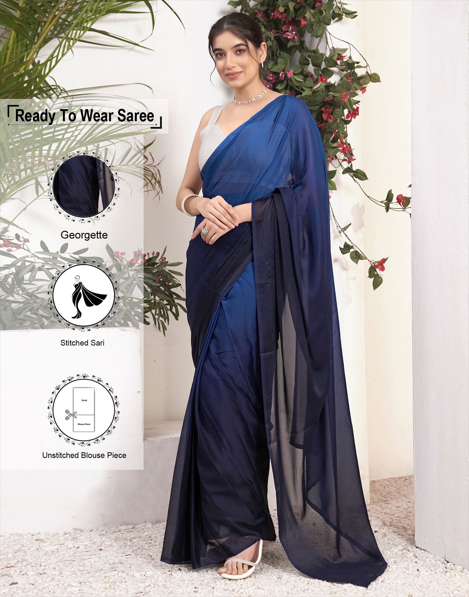     			Samah Georgette Solid Saree With Blouse Piece - Navy Blue ( Pack of 1 )