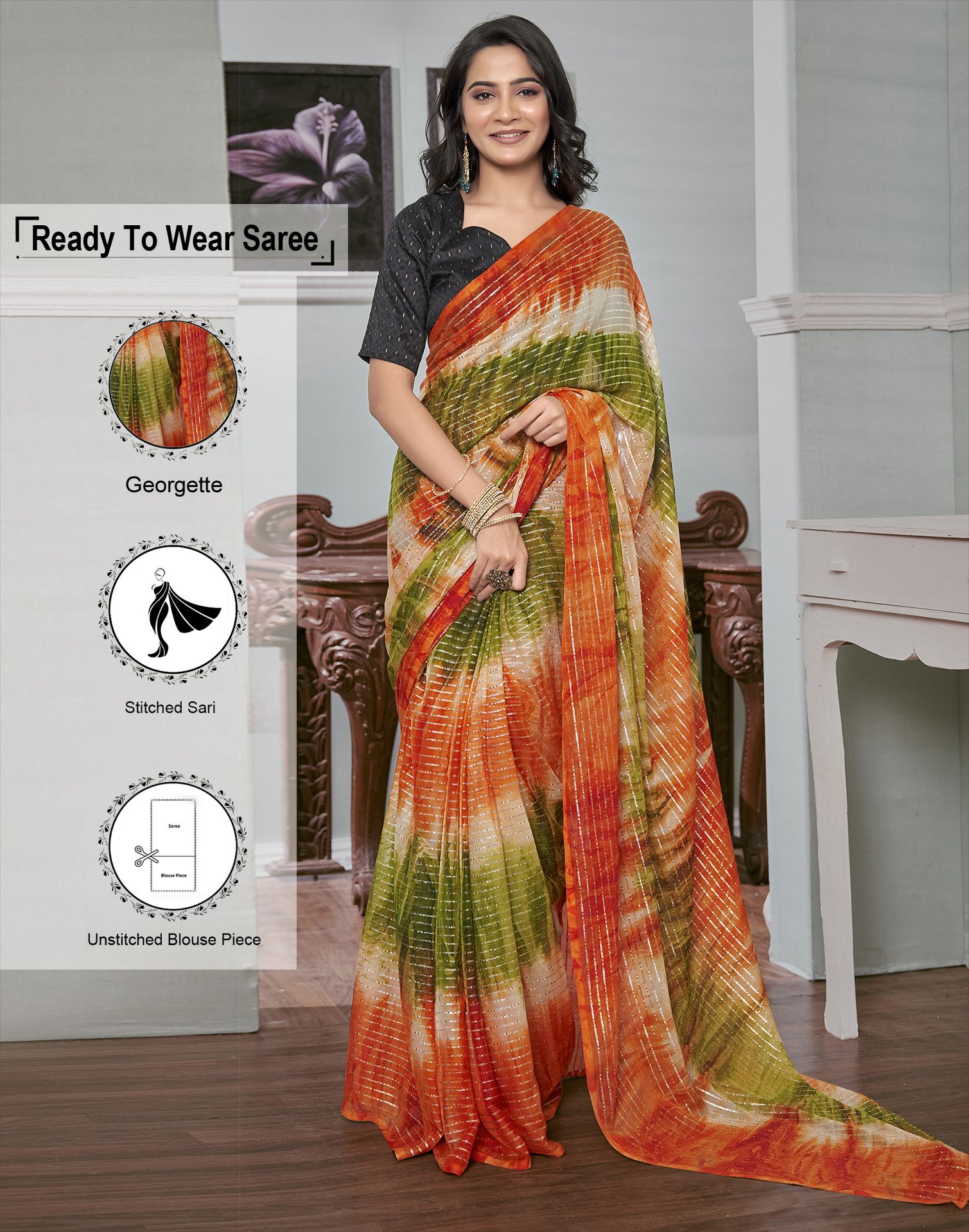     			Samah Georgette Striped Saree With Blouse Piece - Orange ( Pack of 1 )