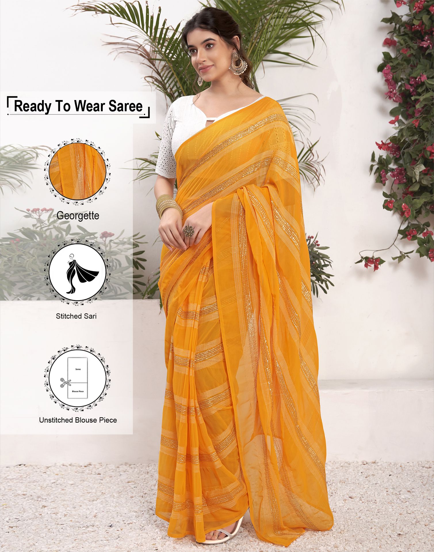     			Samah Georgette Striped Saree With Blouse Piece - Yellow ( Pack of 1 )