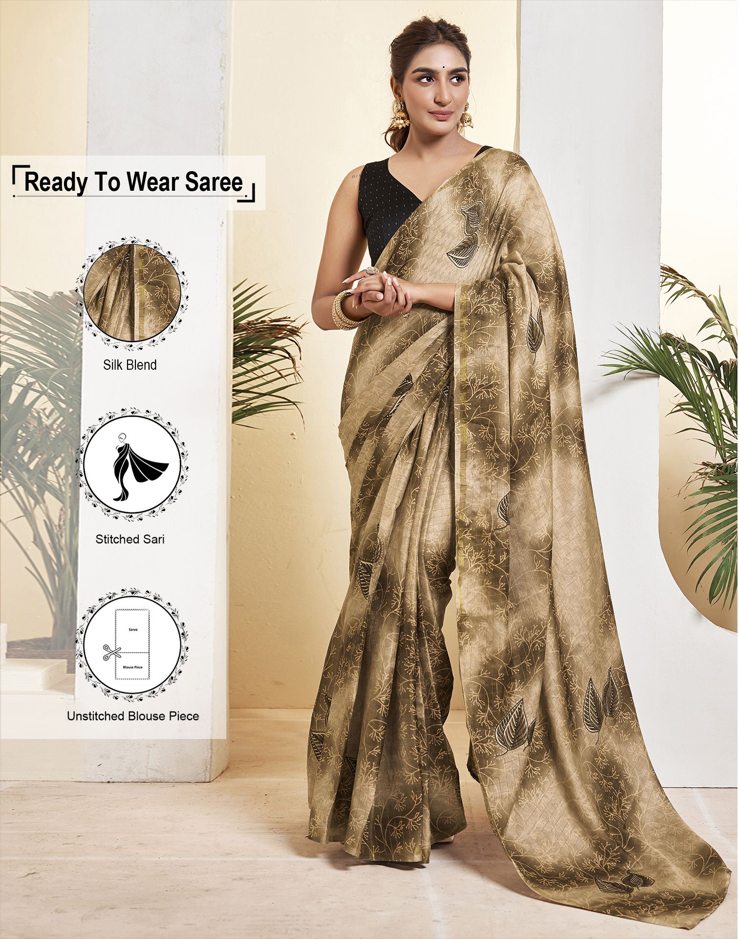     			Samah Silk Blend Woven Saree With Blouse Piece - Khaki ( Pack of 1 )