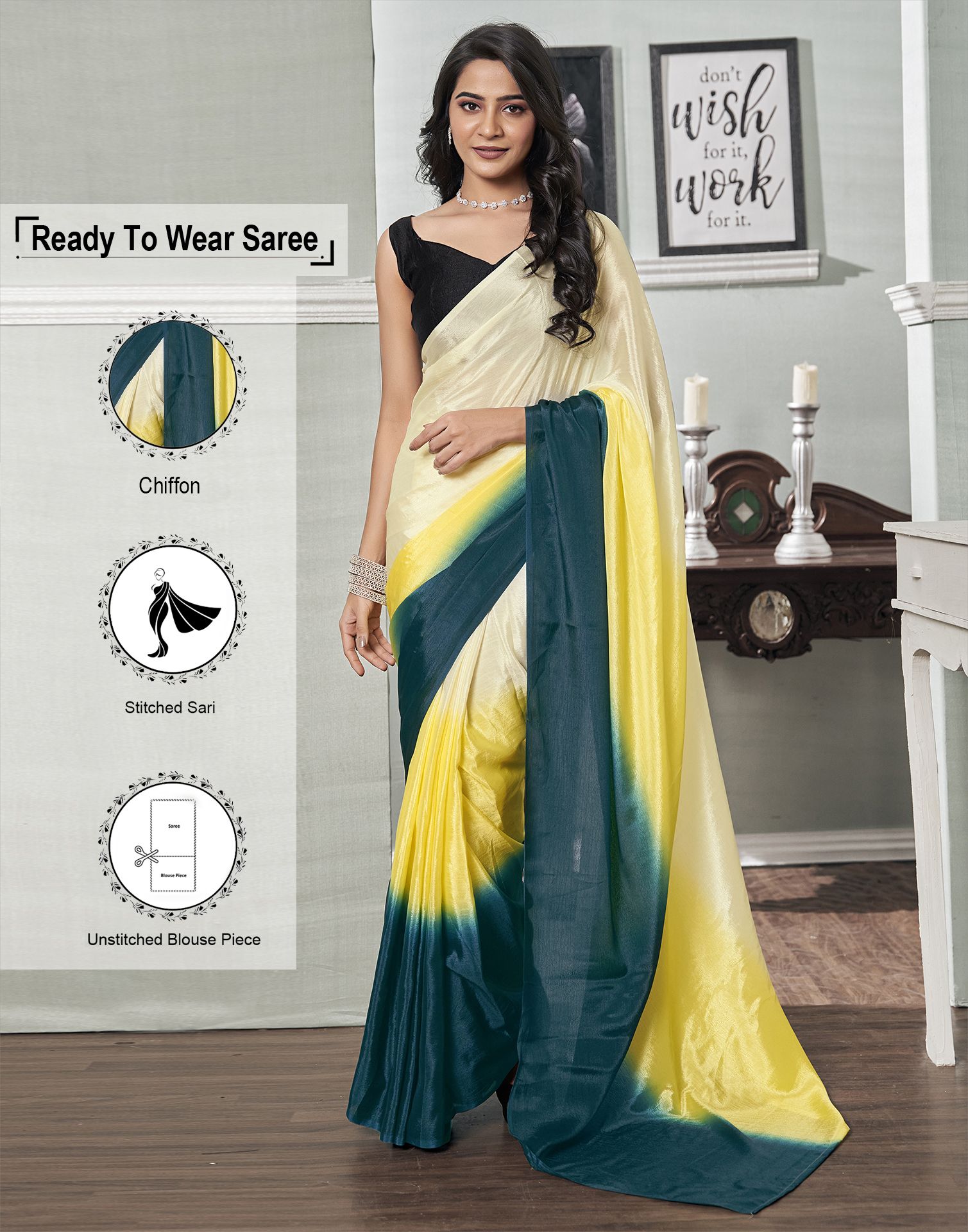     			Satrani Chiffon Solid Saree With Blouse Piece - Yellow ( Pack of 1 )